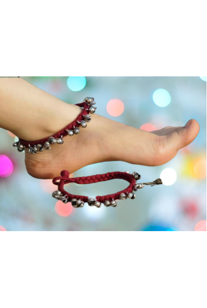 Alphabey's Tribal Style Maroon Threaded Anklets with Oxidized Ghungroo for Women and Girls